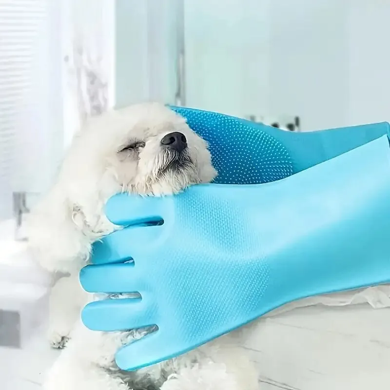 2-Pieces: 2-in-1 Pet Dog Bath Gloves with Silicone Brush