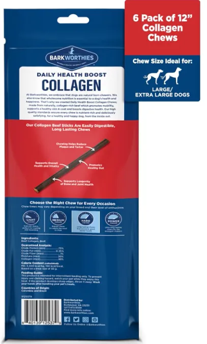 Barkworthies 12 Inch Collagen Grain Free Beef Stick For Dogs