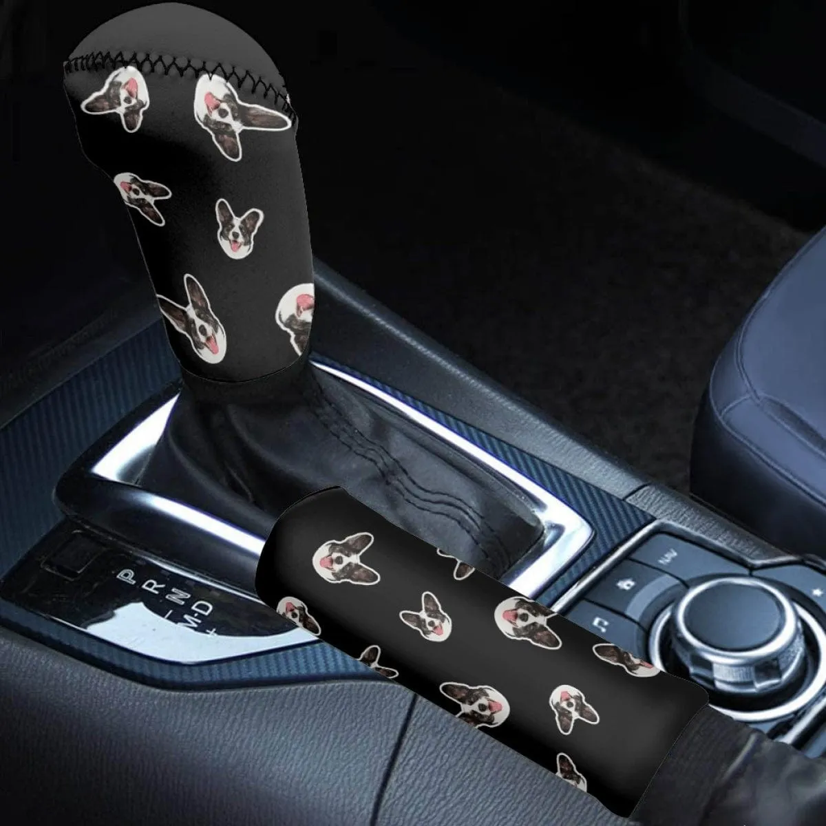Custom Face Black Car Accessories Set Car Seat Covers Set of 4 Steering Wheel Cover Car Floor Mats Car Shift Knob Cover&Hand Brake Cover Seat Belt Pads