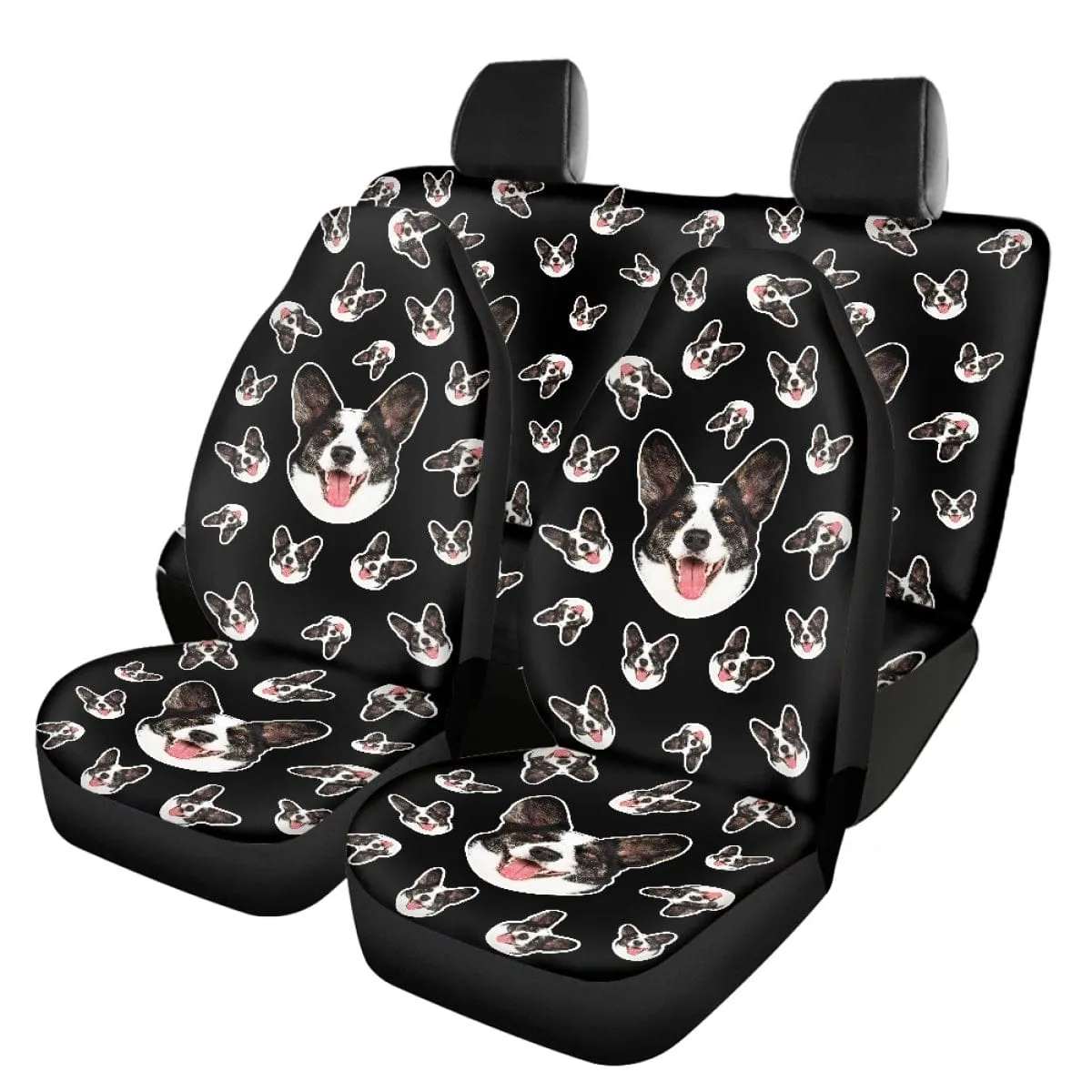 Custom Face Black Car Accessories Set Car Seat Covers Set of 4 Steering Wheel Cover Car Floor Mats Car Shift Knob Cover&Hand Brake Cover Seat Belt Pads