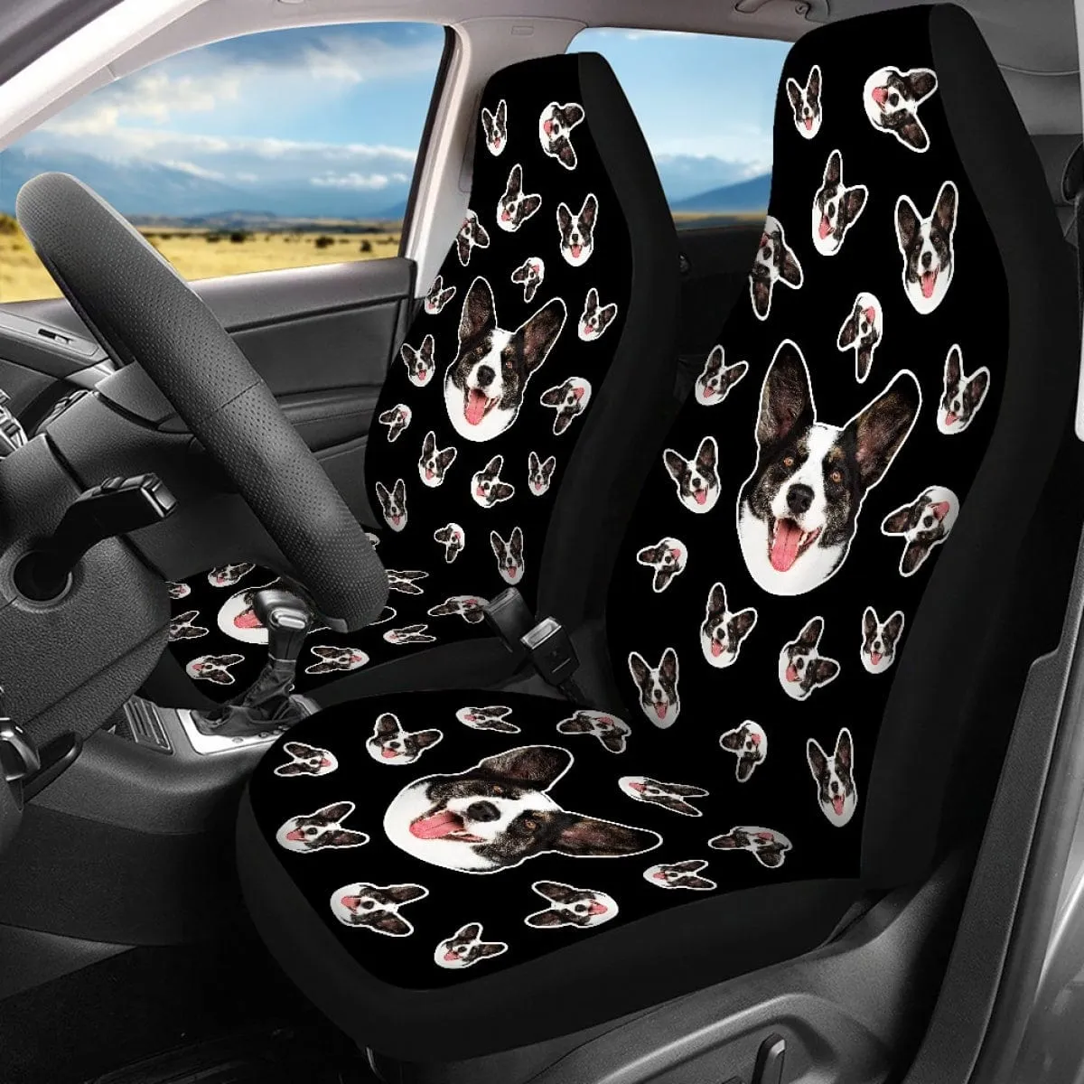 Custom Face Black Car Accessories Set Car Seat Covers Set of 4 Steering Wheel Cover Car Floor Mats Car Shift Knob Cover&Hand Brake Cover Seat Belt Pads