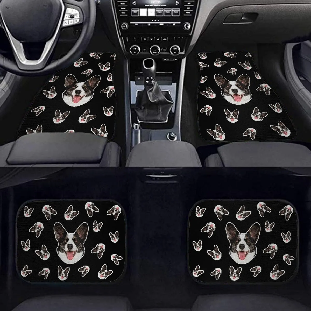 Custom Face Black Car Accessories Set Car Seat Covers Set of 4 Steering Wheel Cover Car Floor Mats Car Shift Knob Cover&Hand Brake Cover Seat Belt Pads