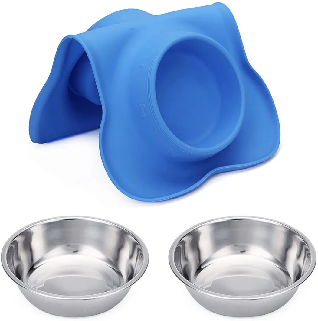 Hubulk 2 Stainless Steel Dog Bowl with No Spill Non-Skid Silicone Mat