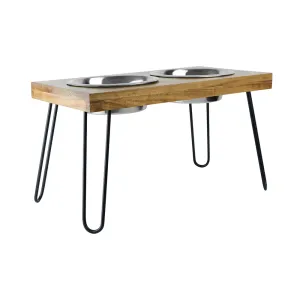 Pawpourri Elevated Acacia Wooden Double Diner for Dogs and Cats (Wooden Brown)