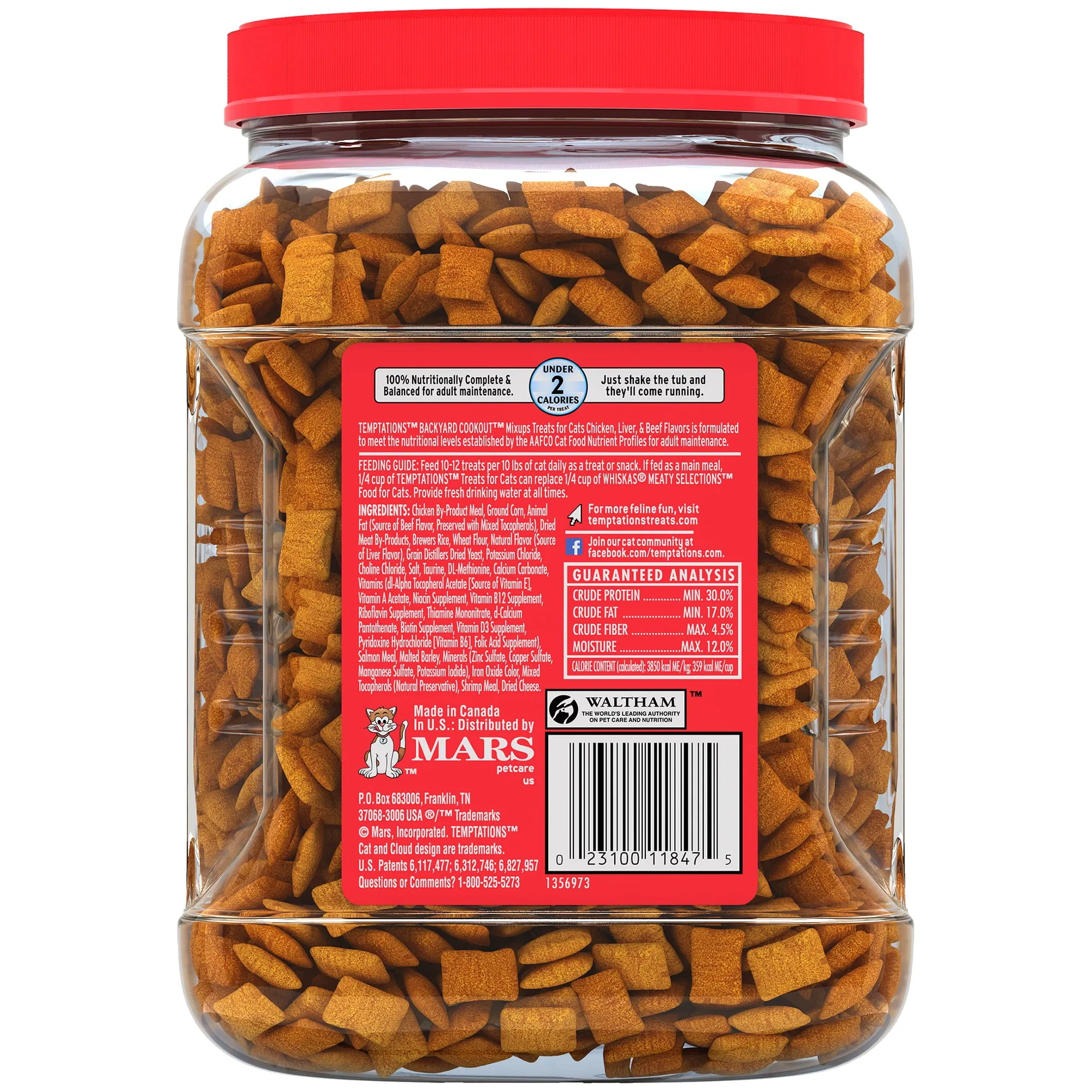 TEMPTATIONS MIXUPS Crunchy and Soft Cat Treats Backyard Cookout Flavor, 30 oz. Tub