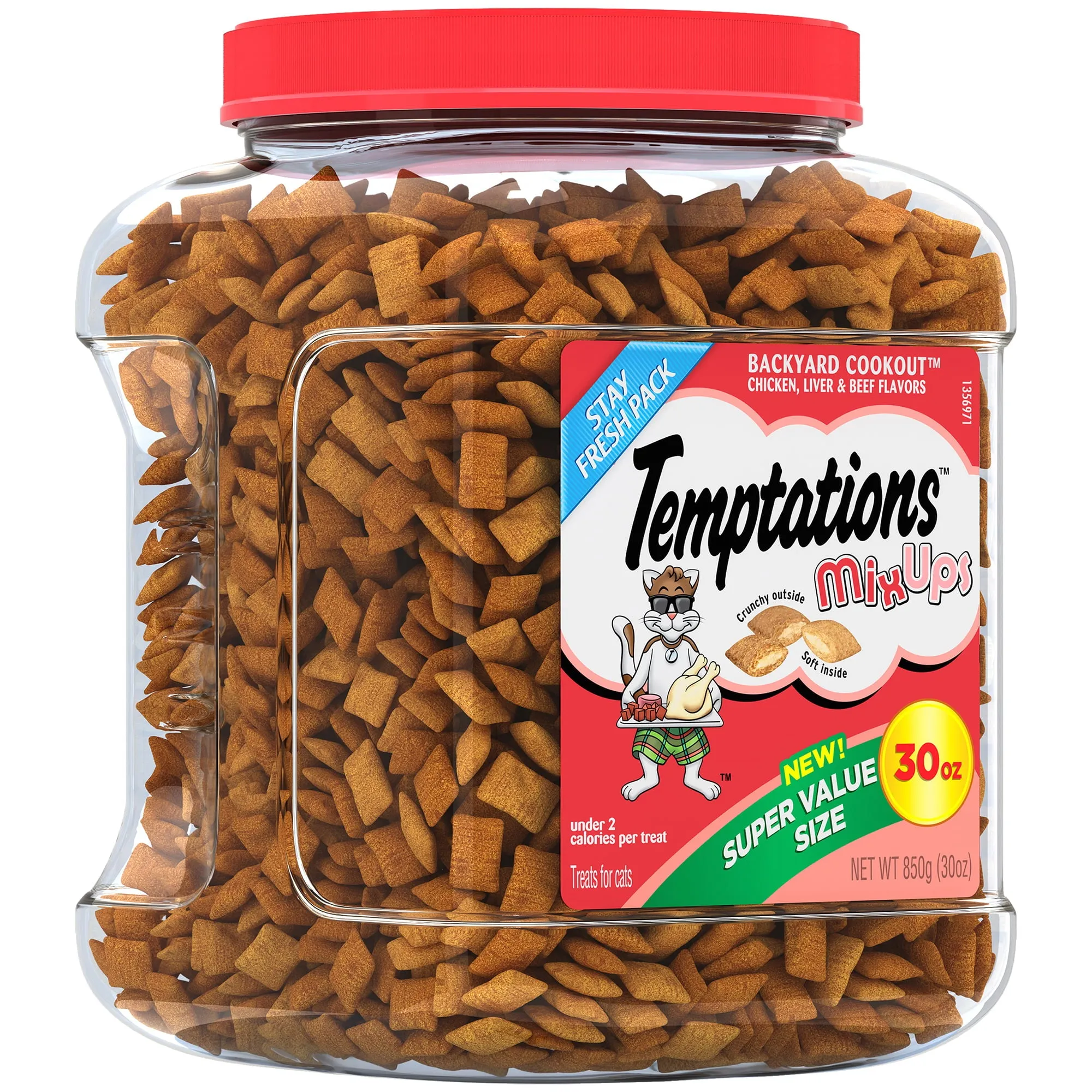 TEMPTATIONS MIXUPS Crunchy and Soft Cat Treats Backyard Cookout Flavor, 30 oz. Tub
